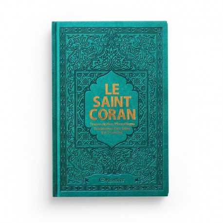 Le Saint Coran Transcription phonétique et Traduction des sens en français (AR-FR-PH) - cuir couleur vert-bleu doré