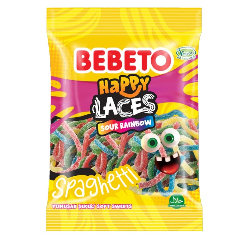 Bebeto Happy laces Sour Rainbow Spaghetti - 70g - bonbon halal