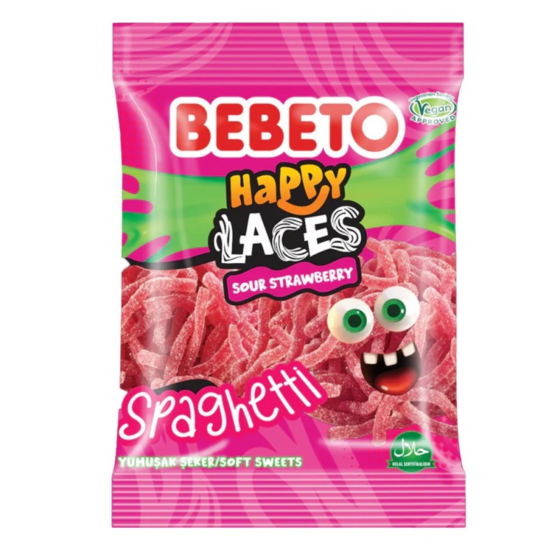 Bebeto Happy laces Spaghetti Sour strawberry - 80g - bonbon halal