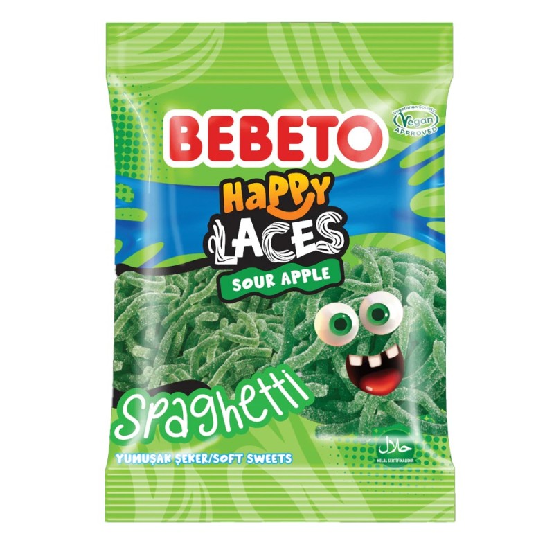 Bebeto Happy laces Spaghetti Sour apple - 80g - bonbon halal