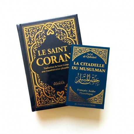 Pack : CORAN Bleu nuit DORÉ - FRANÇAIS-ARABE-PHONÉTIQUE - Citadelle du musulman bleu