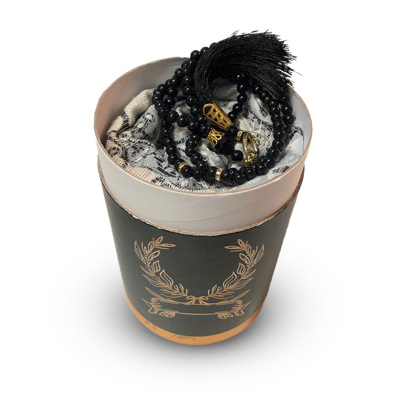 Coffret Cadeau Prière Tapis et chapelet de luxe (boite ronde dorée) - NOIR