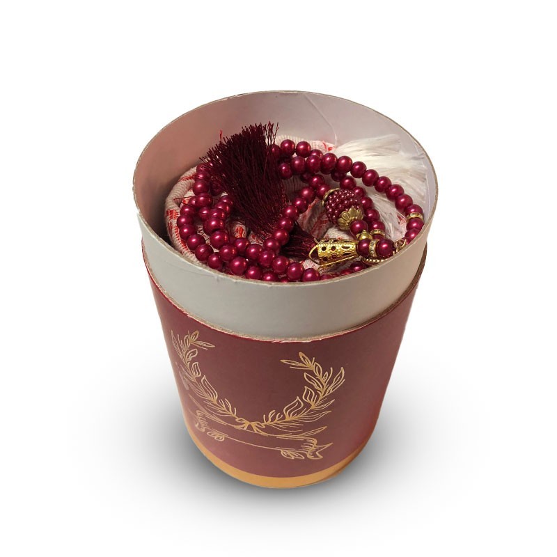 Coffret Cadeau Prière Tapis et chapelet de luxe (boite ronde dorée) - ROUGE