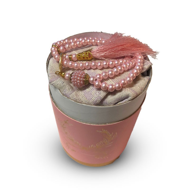 Coffret Cadeau Prière Tapis et chapelet de luxe (boite ronde dorée) - ROSE